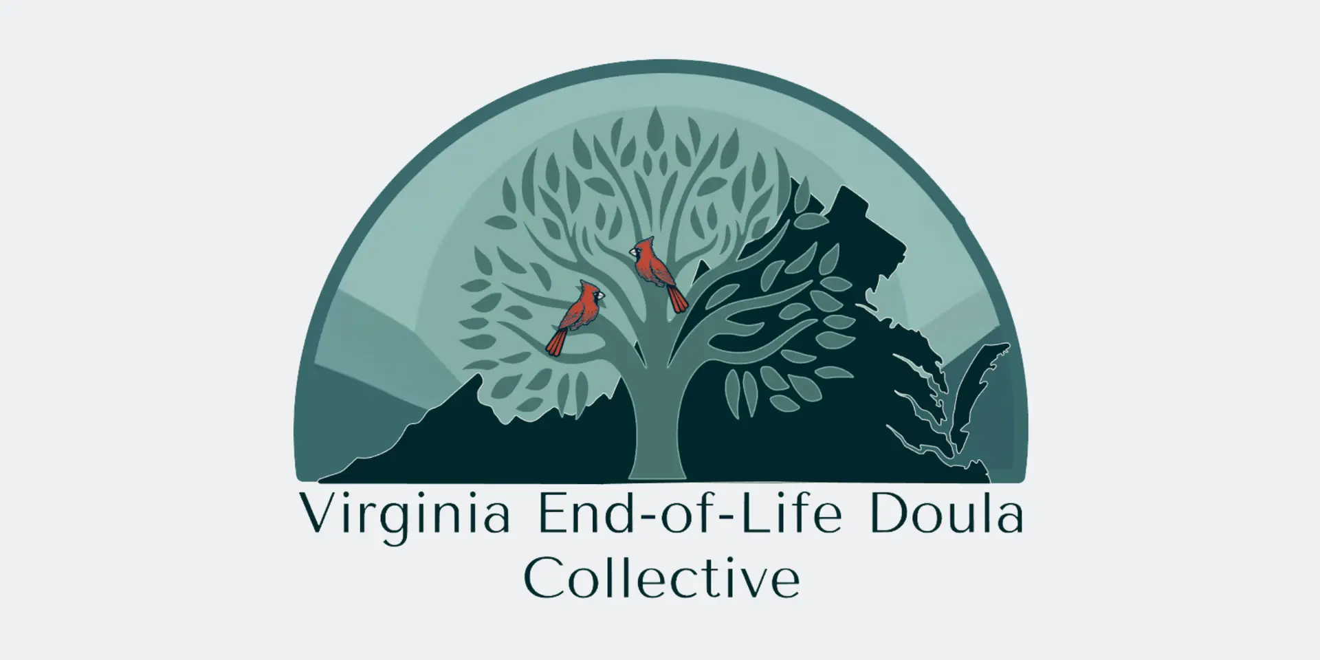 Logo for the Virginia End-of-Life Doula Collective. Features a stylized tree with two red cardinals perched on its branches, symbolizing connection and remembrance. The tree is set against a silhouette of Virginia’s mountainous landscape, enclosed within a circular arch. The organization's name is displayed below in a clean, modern font.